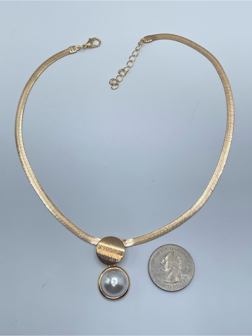 Gold Herringbone Faux Pearl Pendant Necklace Modern Minimalist Glam Elegant - Picture 2 of 5